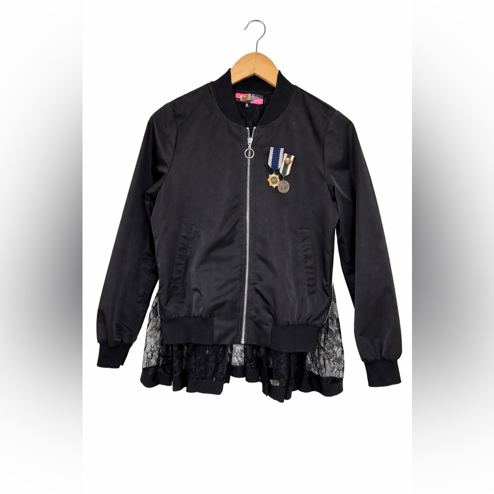 IDDIO Black Lace Peplum Bomber Jacket Size 2